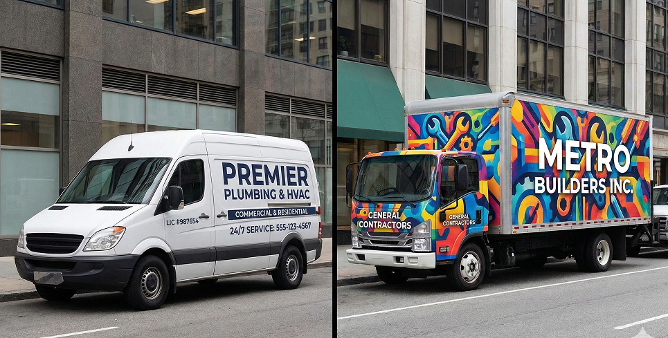 Car with partial lettering vs full vehicle wrap comparison